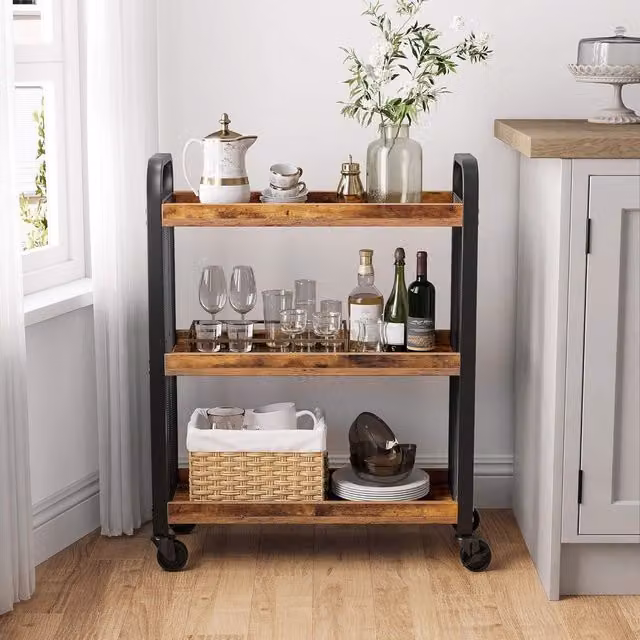 VASAGLE Brown Rustic Kitchen Trolley Rolling Cart with Back Panel