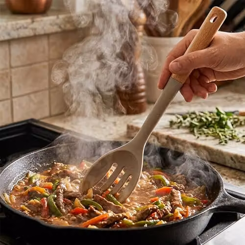 Premier Housewares Grey Silicone and Wood Slotted Skimmer Spoon, Heat-Resistant and Non-Scratch Kitchen Utensil – 3