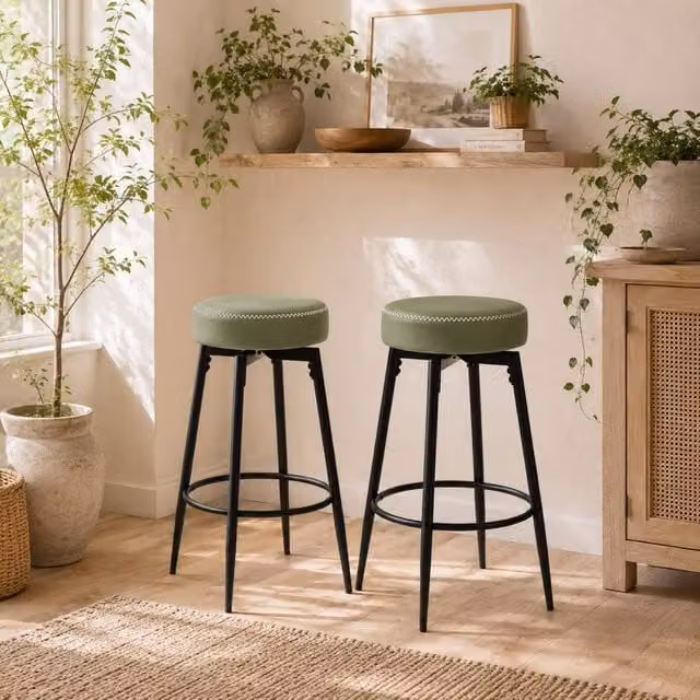 Wyld Haus Rivali Faux Leather Bar Stools Set of 2 in Green and Black with Footrests – 1