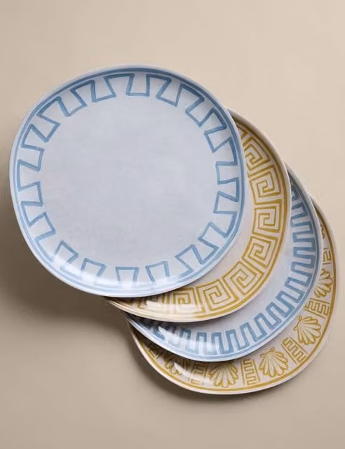 M&S Set of 4 Multicolour Geometric Coastal Picnic Dinner Plates in Melamine