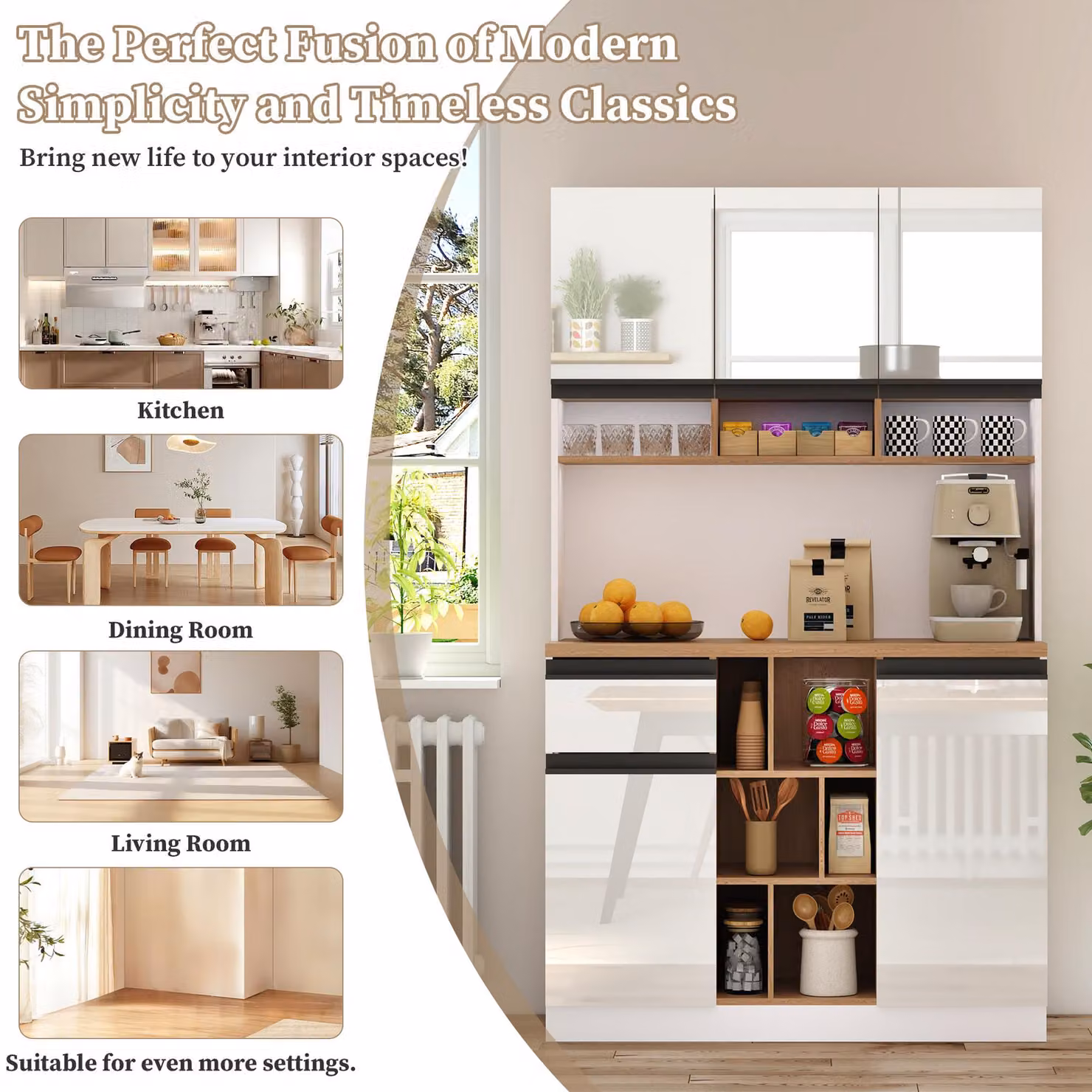 Aosom UK White Modern Glossy Kitchen Cabinet with Open Storage and Hinged Doors, W: 45 cm, D: 45 cm, H: 185 cm – 4