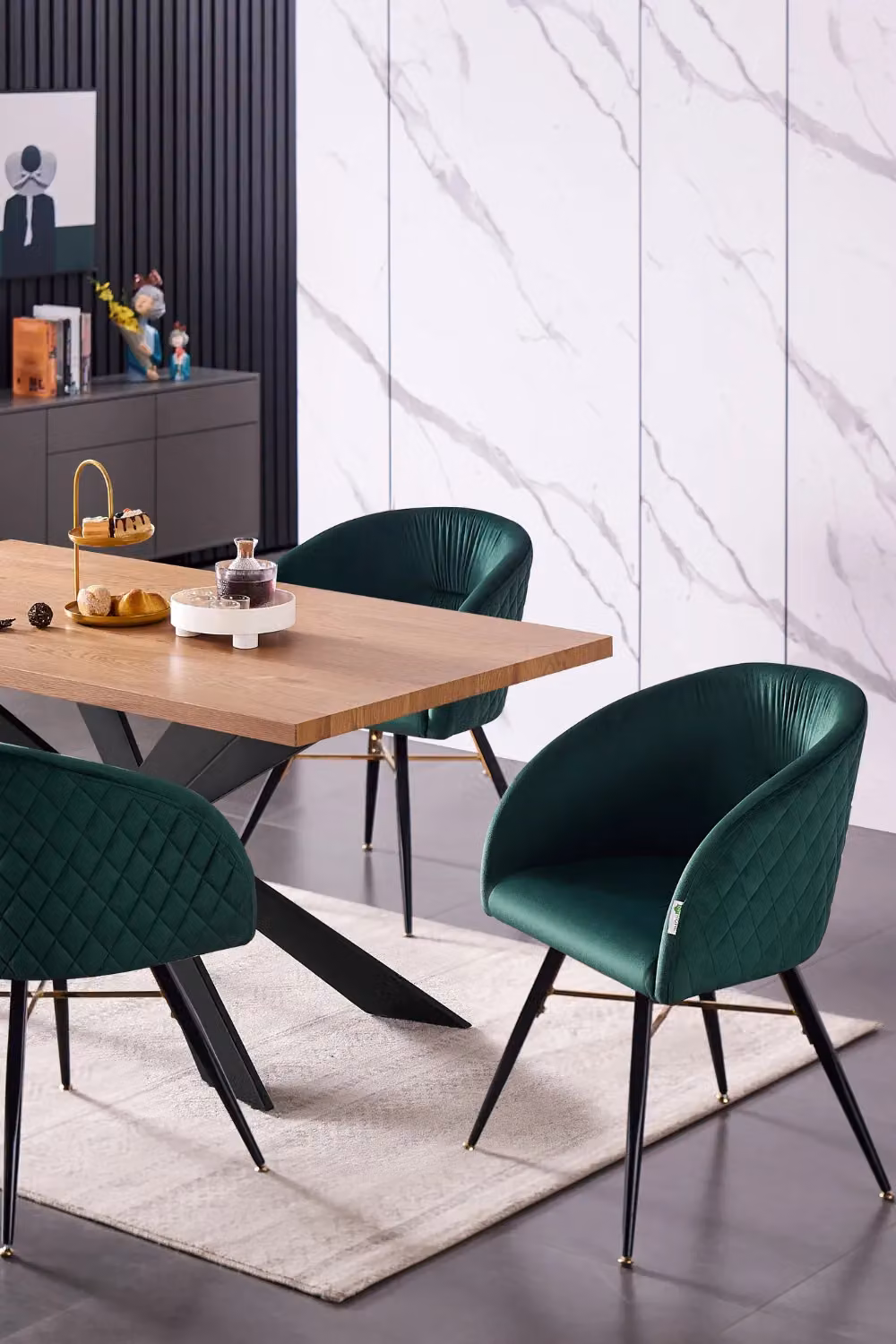 Life Interiors Vittorio Velvet Dining Chair with Armrests in Green and Black Metal Legs – 4