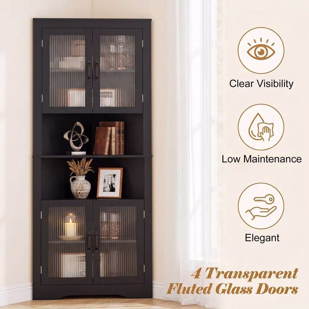 Costway 6-Tier Corner Storage Cabinet with 4 Glass Doors, Black – 9