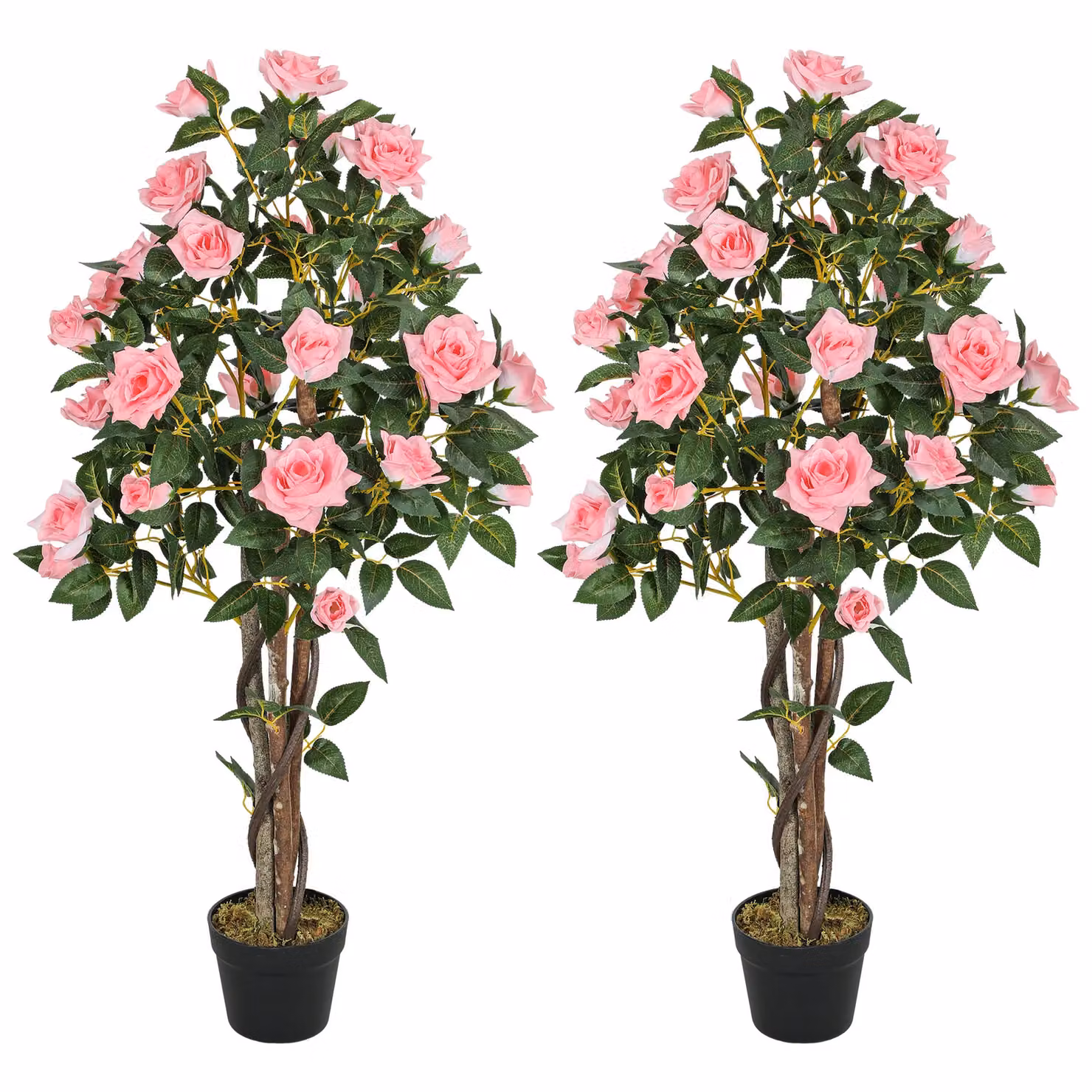 HOMCOM Set of 2 Pink Artificial Rose Trees in Concrete Pots for Tabletop Display – 2