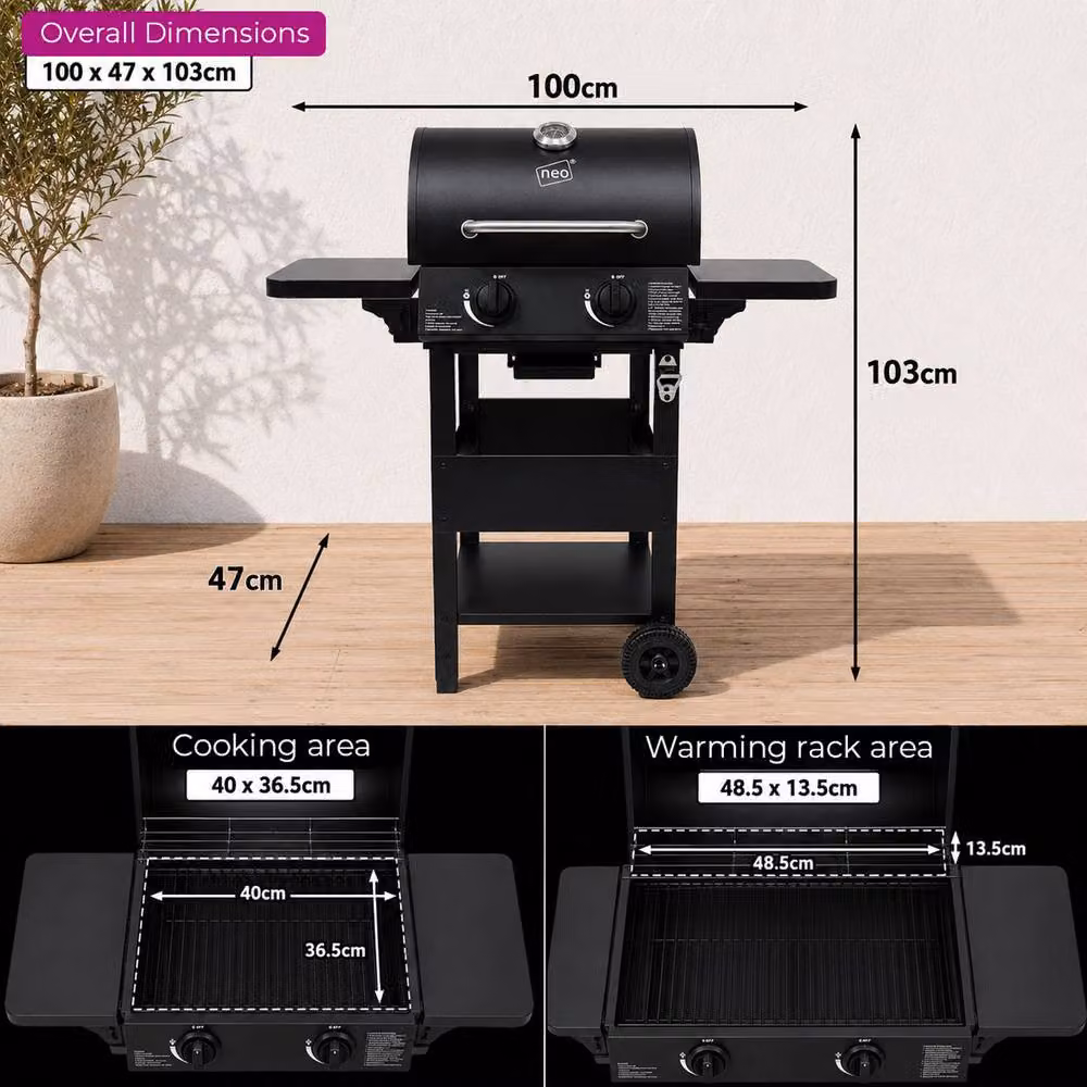 Neo 2 Burner Stainless Steel Gas BBQ Grill with Warming Rack and Cart in Black, W/D/H: 103 x 100 x 103 cm – 4