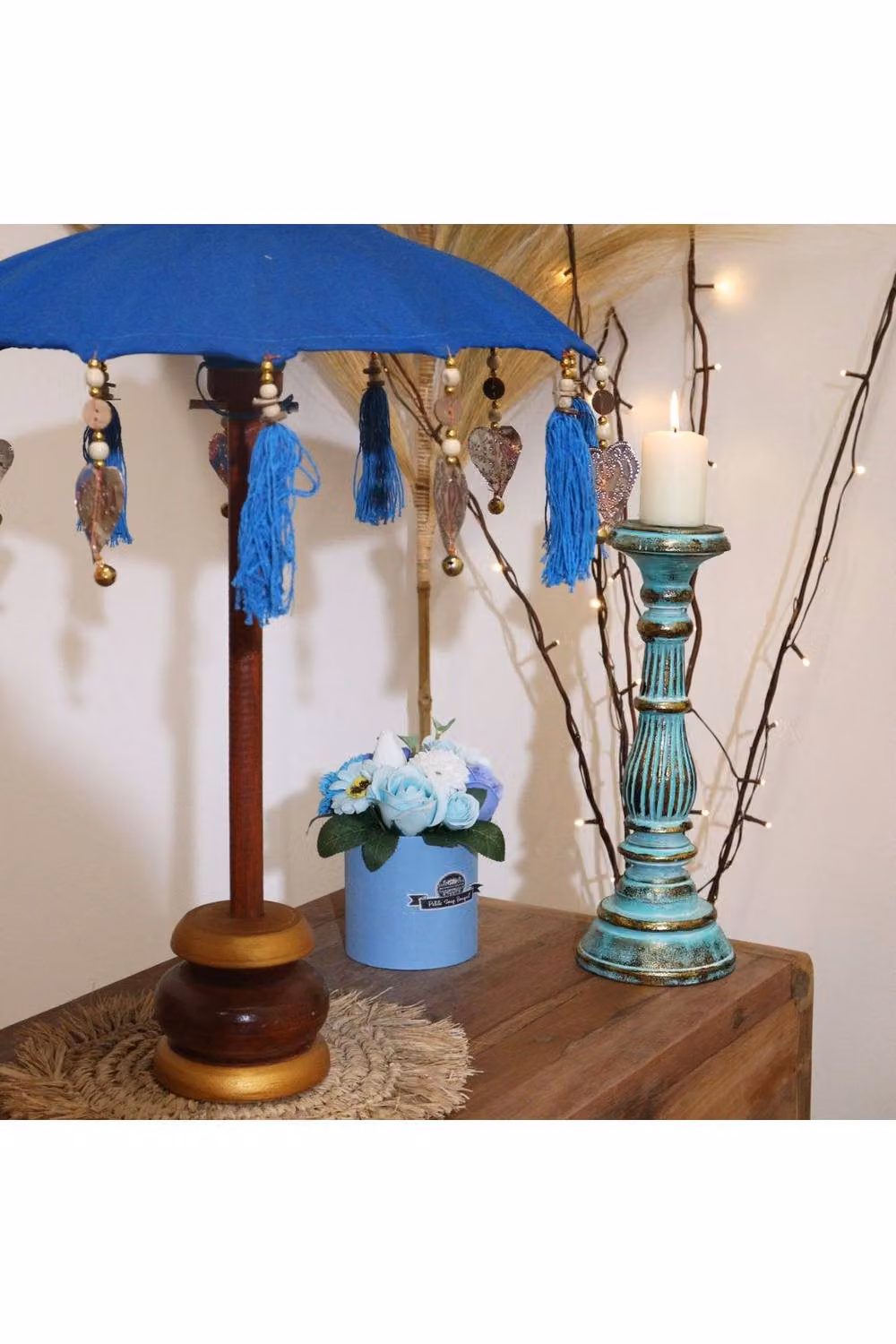 KDMD Bali Home Decor Handcrafted Cotton Parasol in Turquoise and Blue, Diameter: 40 cm – 4