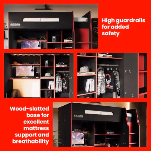 Flair Furnishings Recoil High Sleeper Gaming Bed with Storage, Desk and Stairs in Black and Red, W/D/H: 90 x 190 x 181 cm – 6