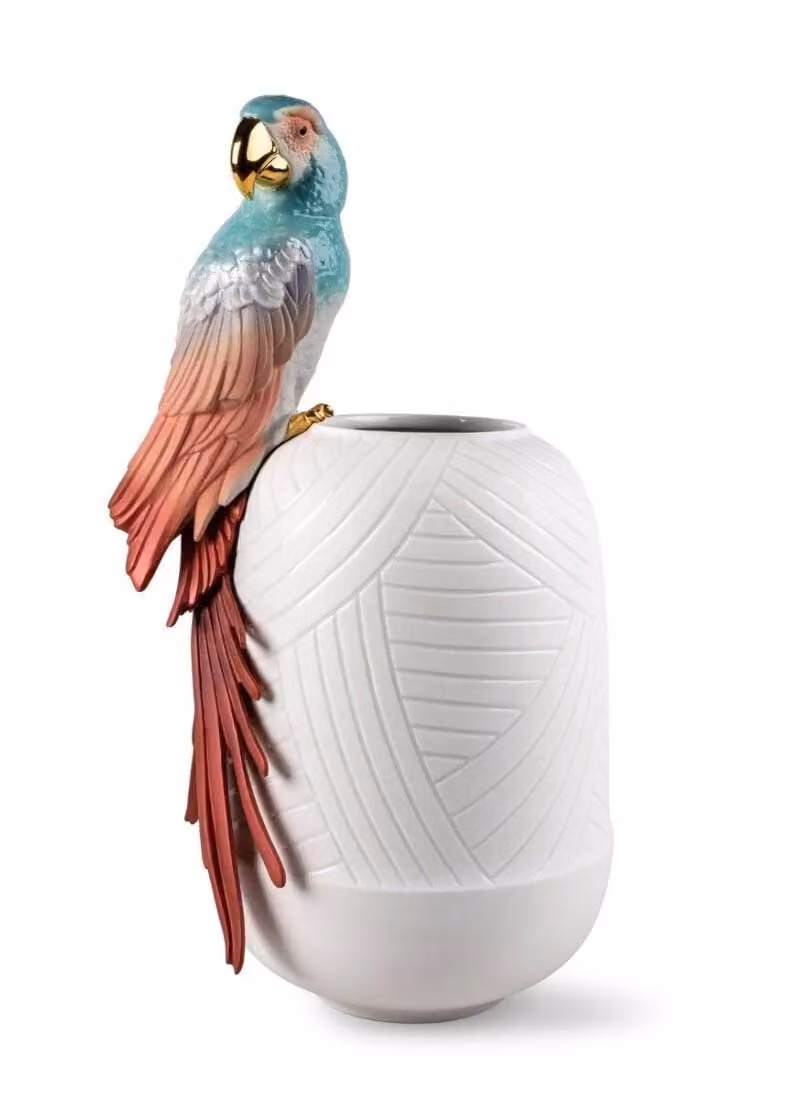 Lladró Macaw Bird Porcelain Vase in Red, White and Multicolour