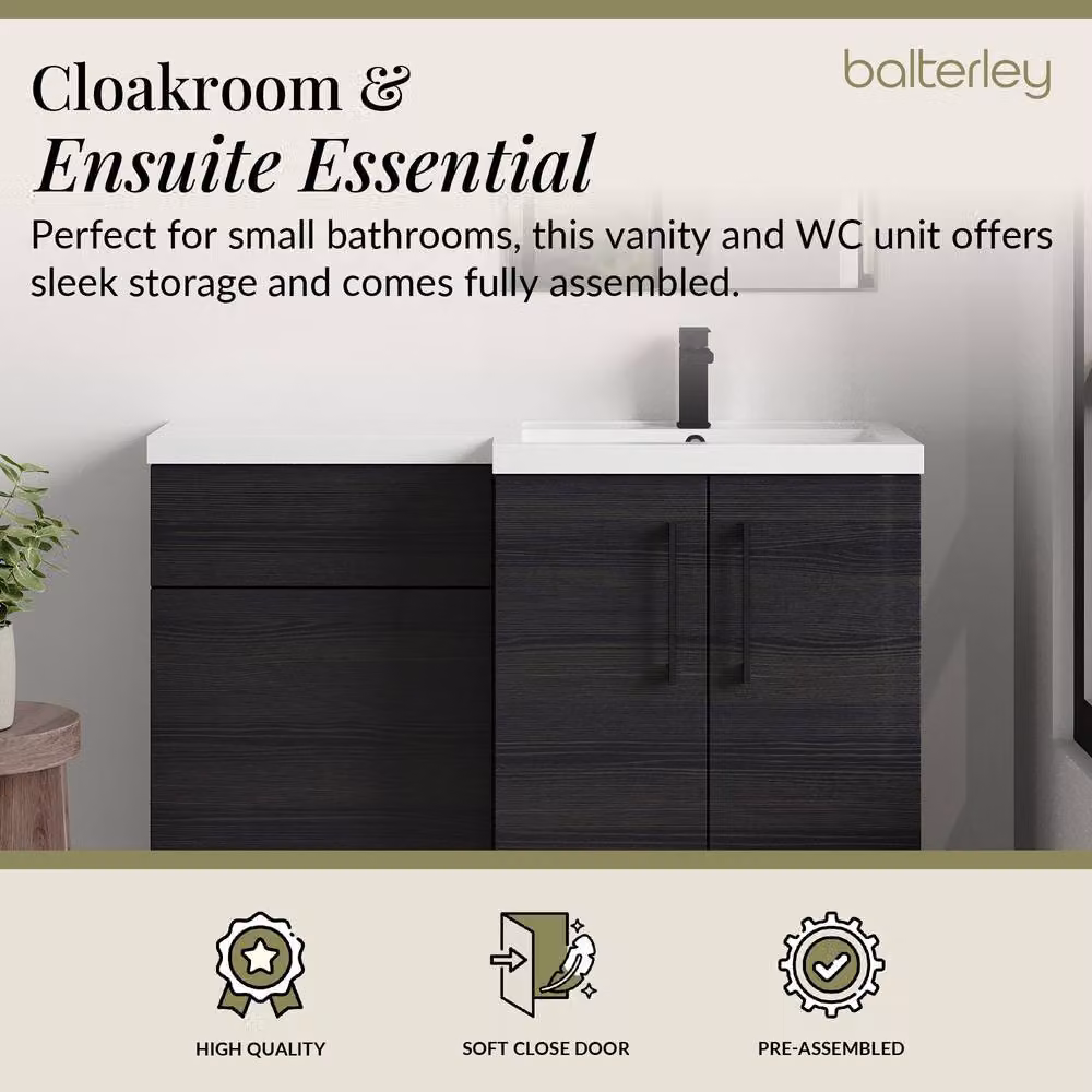 Balterley Modern Matt Black Woodgrain Right-Hand Vanity and WC Unit Combination, W: 110 cm, H: 84 cm – 3