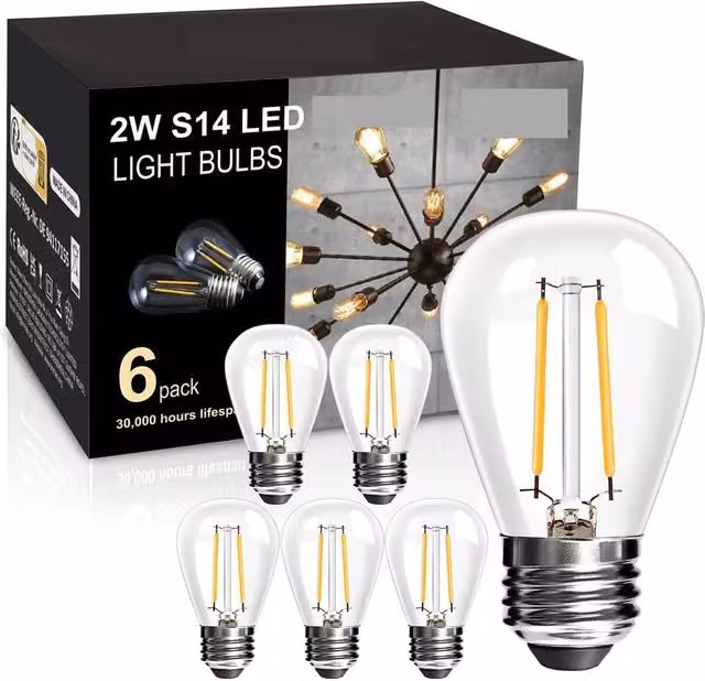 VOGREX 6 Pack Warm White LED Replacement Bulbs for Festoon String Lights, E27 Base, Transparent Glass – 1