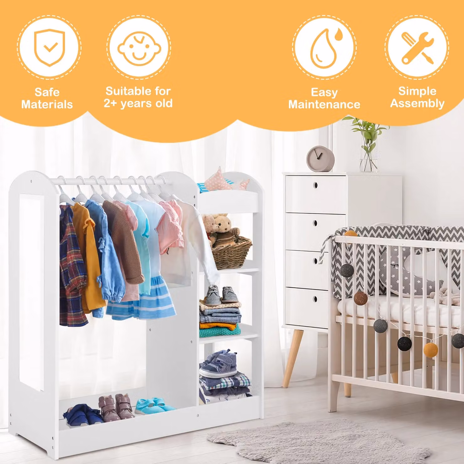 Gymax Kids Costume Toy Organiser with Mirror and Hanging Rod, White – 2