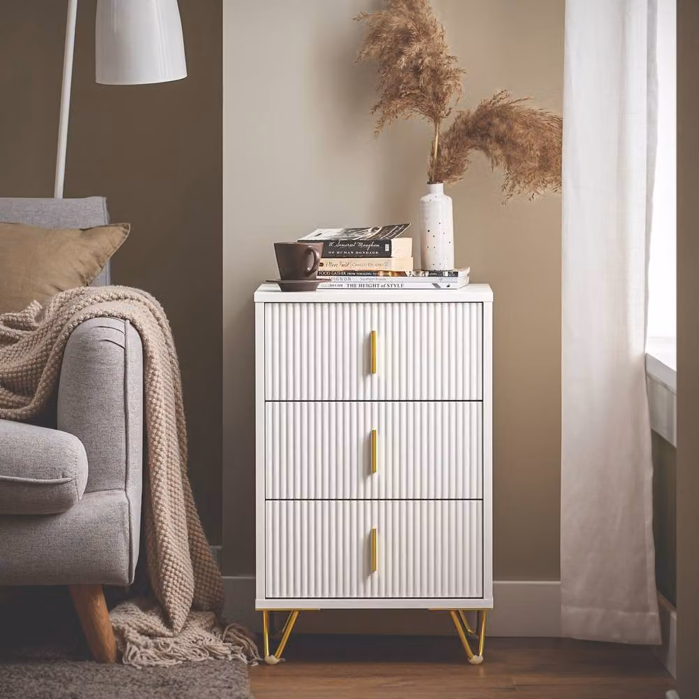SoBuy Set of 2 White Bedside Tables with 3 Drawers, Ribbed Front and Gold Legs, Height: 63 cm – 5