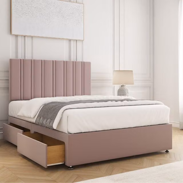 BSSPOKE Sienna King Size Divan Bed Set with 24 inch Headboard, 2 Drawers, Footend and Mattress in Pink Velvet