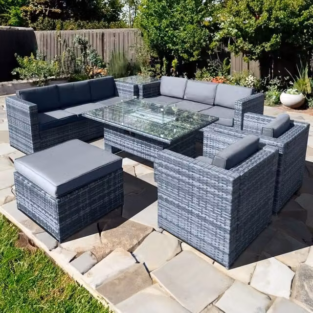 Oseasons Malta Rattan 9 Seat U-Shape Rising Firepit Set in Ocean Grey