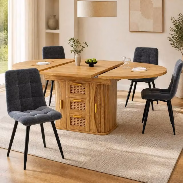 STILVORA Extendable Dining Table in Beige and Brown with Storage, H 77.1 cm x W 120 cm x D 75 cm
