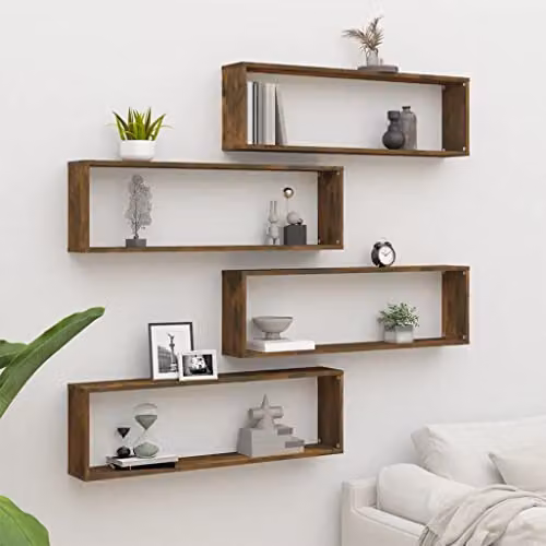 vidaXL Set of 4 Modern Wall-Mounted Cube Shelves in Brown Engineered Wood, W/D/H: 100 x 30 x 30 cm – 2