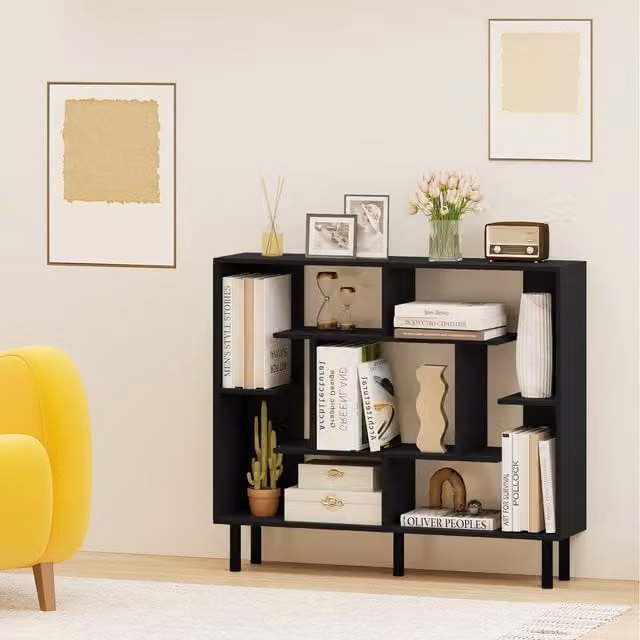 Costway Modern Geometric Freestanding Display Shelf with Back Panel in Matt Black