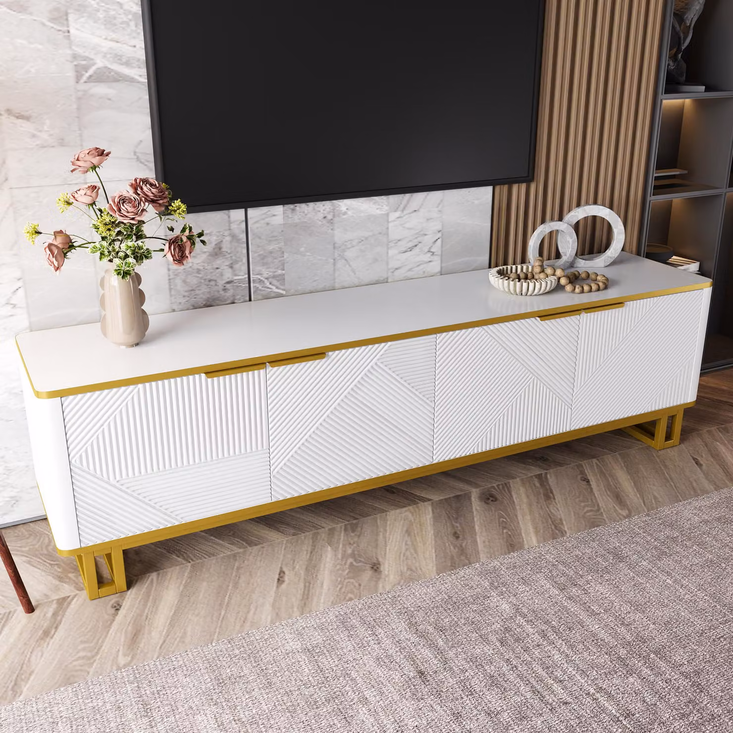 Aosom UK Modern White TV Cabinet with 4 Geometric Embossed Doors and Open Top Shelf, W: 160 cm, D: 37.5 cm, H: 48 cm – 3