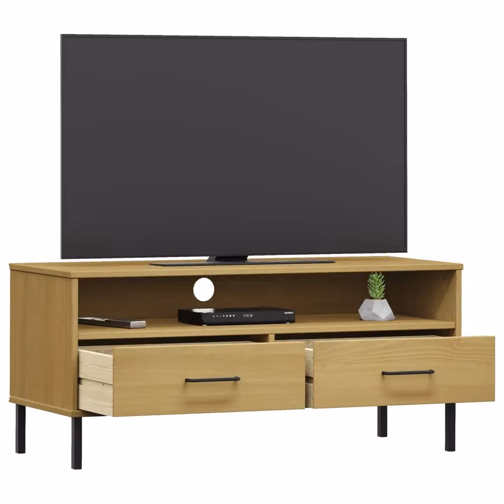 Berkfield Home Oslo TV Cabinet in Brown Solid Pine Wood with Metal Legs – 3