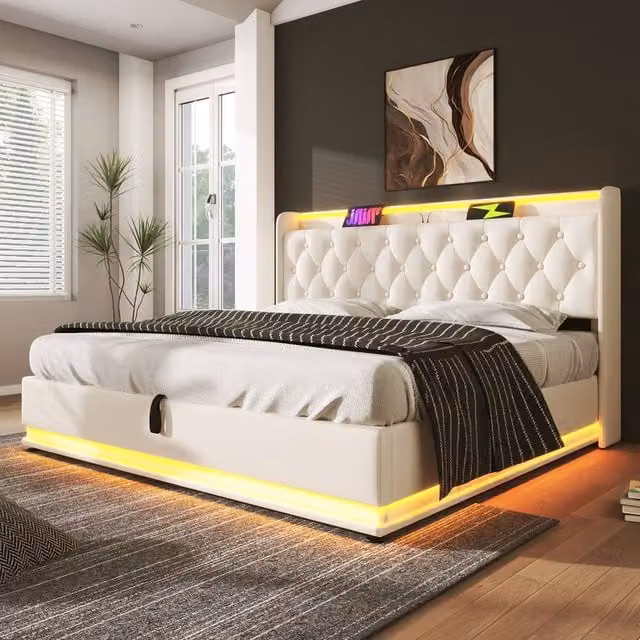 Rolipo King Size Ottoman Bed in White Synthetic Leather with LED Lighting, USB Charging Port and Hydraulic Storage, W/D/H: 180 x 200 cm – 1