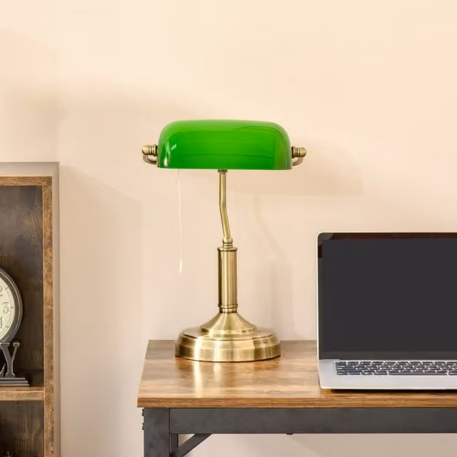 HOMCOM Banker's Table Lamp with Green Glass Dome and Antique Bronze Base