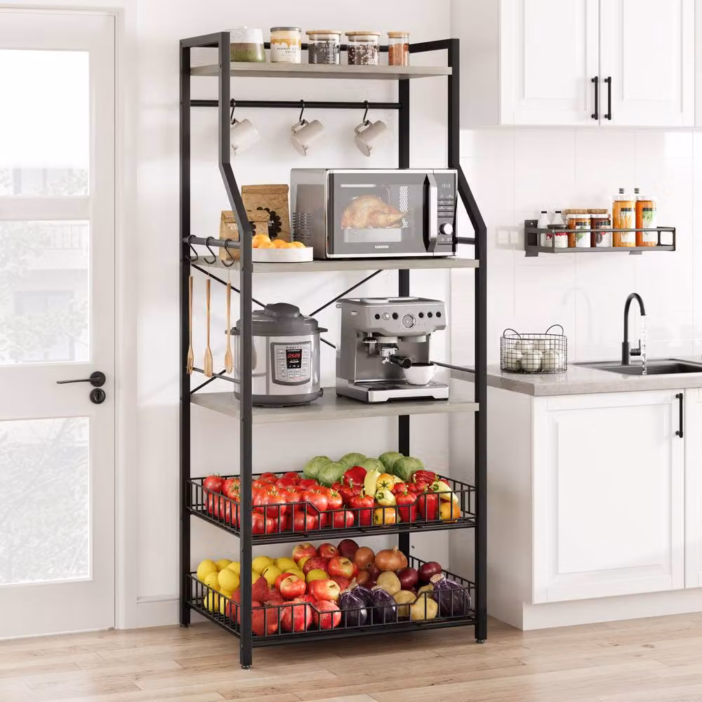 London Boutique 5-Tier Grey Kitchen Bakers Rack and Microwave Stand with 2 Baskets and 8 Hooks – 2