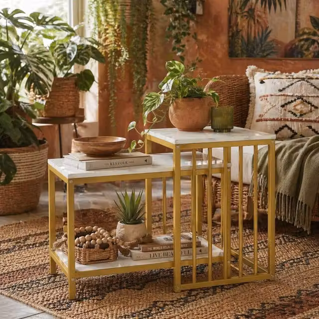 Wyld Haus Rolana Nesting Tables Set of 2 with Marble Effect Tops and Gold Tone Metal Frames in White – 1