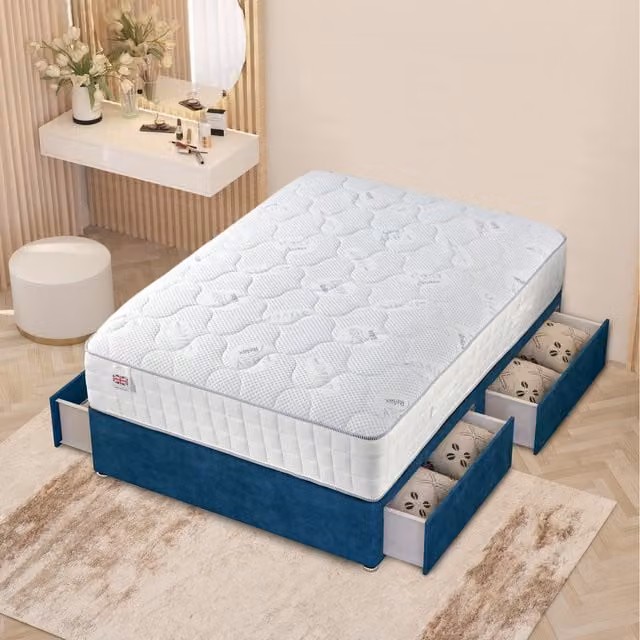 Horizona Blue Velvet Upholstered Hybrid Divan Bed W/D/H: 120 x 200 cm