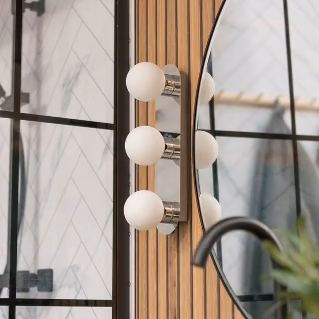ValueLights Orbital 3 Way Bar LED Wall and Ceiling Light with Opal Glass Globe in Chrome Silver, IP44 Rated