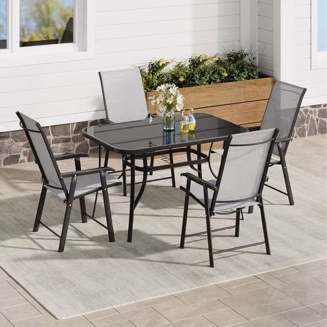 Komore Classic Black Outdoor Patio Set with Tempered Glass Table and Four Metal Foldable Chairs