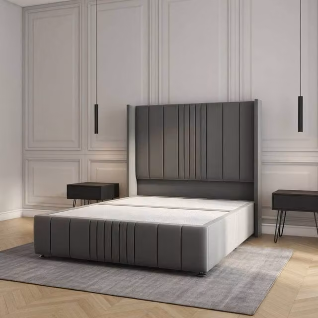 Regional Furnishings Grey Velvet Upholstered Double Divan Bed W/D/H: 140 x 200 x 137.16 cm