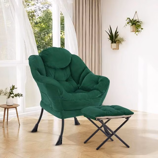 London Boutique Modern Green Velvet Lounge Chair Set with Ottoman and Side Pocket – 1
