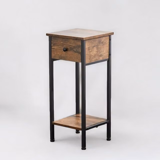 Rafaelo Mobilia Industrial Narrow Bedside Table with Drawer in Brown and Black, H: 70 cm, W: 30 cm, D: 30 cm