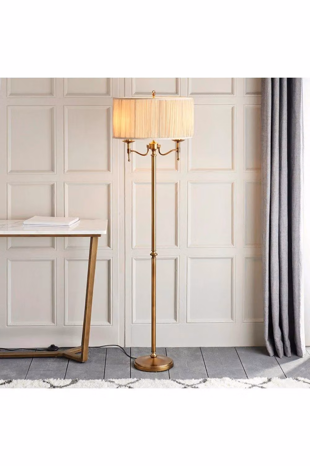 Netlighting Stanford 2 Light Floor Lamp in Antique Brass with Beige Fabric Shade and E14 Bulbs – 2