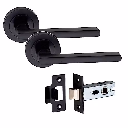 Golden Grace Leon Door Handles on Rose with 2.5 inch Latch in Matt Black Finish