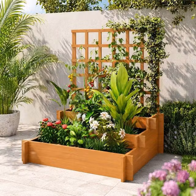 STILVORA 3 Tier Wooden Garden Planter with Trellis in Brown, W/D/H: 95 x 95 x 110 cm
