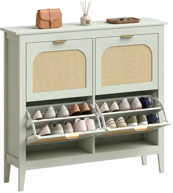 HOMCOM Boho Slim Shoe Cabinet with Rattan Doors, Holds 20 Pairs, Green, W/D/H: 105 x 24 x 95.5 cm – 4