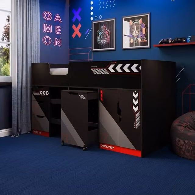 X Rocker Octane Mid Sleeper Gaming Cabin Bed with Wardrobe, Pull Out Desk and Drawers in Red and Black, Size: Single, H 194 cm x W 90 cm x D 110 cm