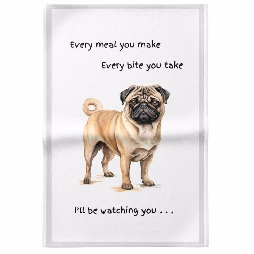 Animal Crackers Pug Dog Novelty Cotton Tea Towel, White – 3