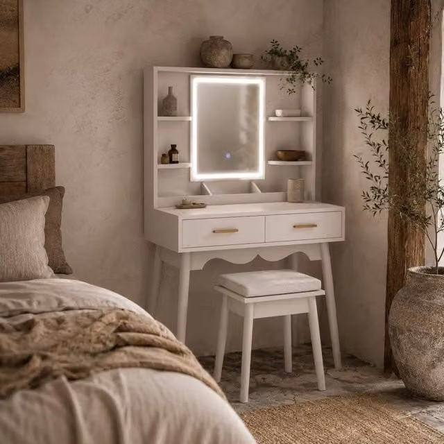 Wyld Haus White and Gold Modern Dressing Table with Hollywood LED Mirror, Stool and Storage, W/D/H: 137.5 x 80 x 40 cm