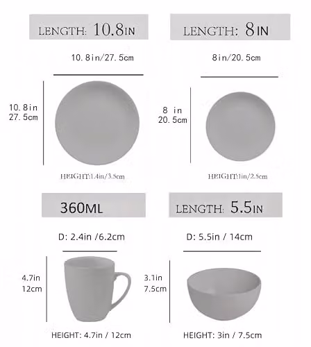 Simpa 16-Piece Grey Glazed Ceramic Stoneware Dinner Set including 4 Dinner Plates, 4 Side Plates, 4 Bowls and 4 Mugs – 6