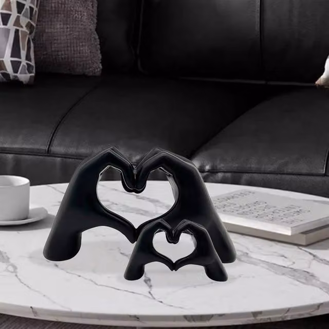 Huhote Modern Heart Hands Sculpture Set of 2 Black Plastic Tabletop Decor