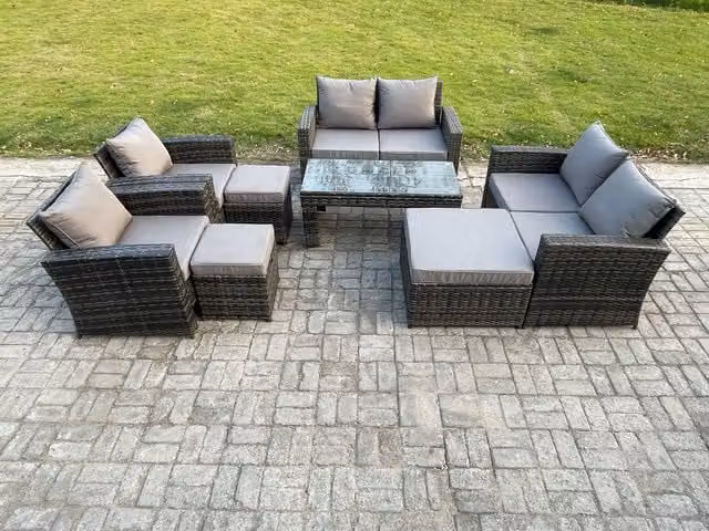 Fimous 9 Seater Dark Grey Rattan Garden Furniture Set with Coffee Table, Love Sofa, Armchairs and 3 Footstools