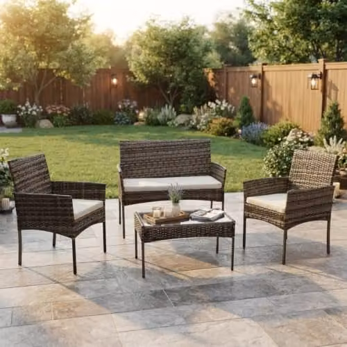 Alivio 4 Piece Rattan Furniture Set with Coffee Table, 2 Seater Sofa, Armchairs and Cushions, Grey and Black – 1