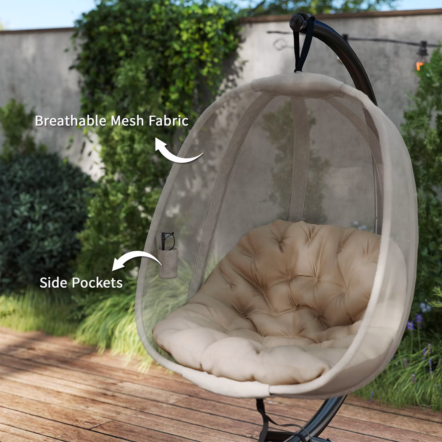 Outsunny Folding Hanging Egg Chair with Stand and Cushions, Beige – 6