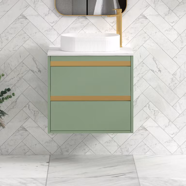 Royal Bathrooms Orion 800mm Mint Sage Wall Hung 2 Drawer Vanity Unit with Lyon Basin and Brushed Brass Accent Trim