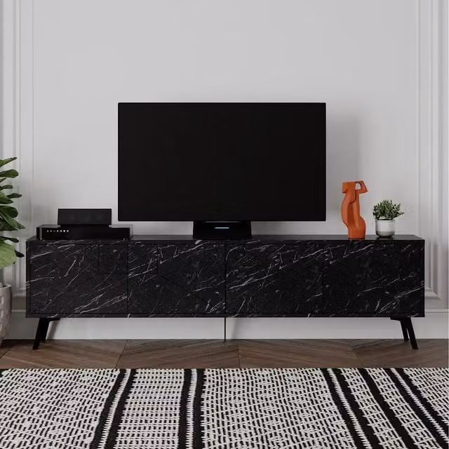 Decortie Dune Modern Black Marble Effect Multimedia TV Unit with Glossy Metal Geometric Design