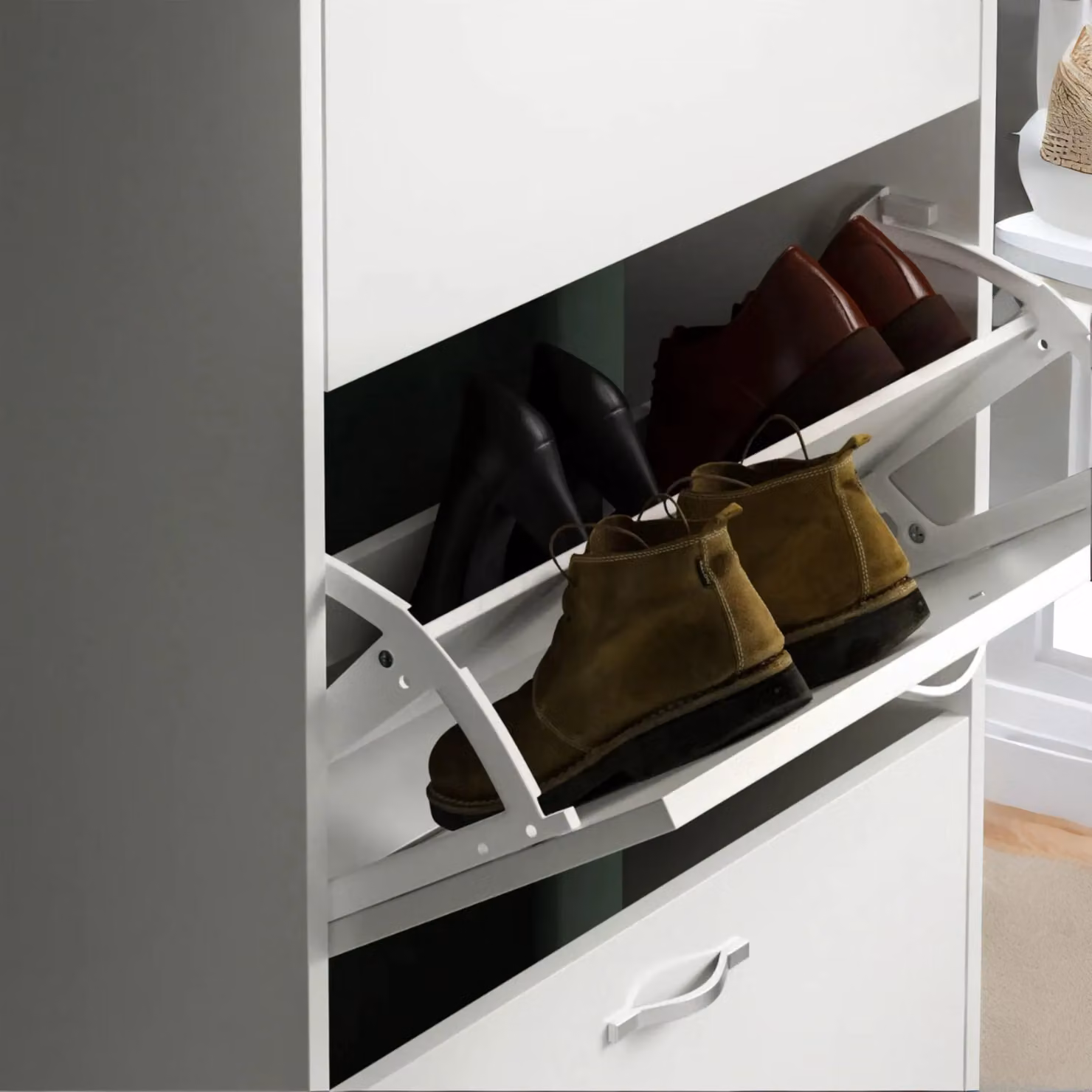 FURNOS 3 Tier White Wooden Shoe Storage Cabinet with Hinged Doors – 2