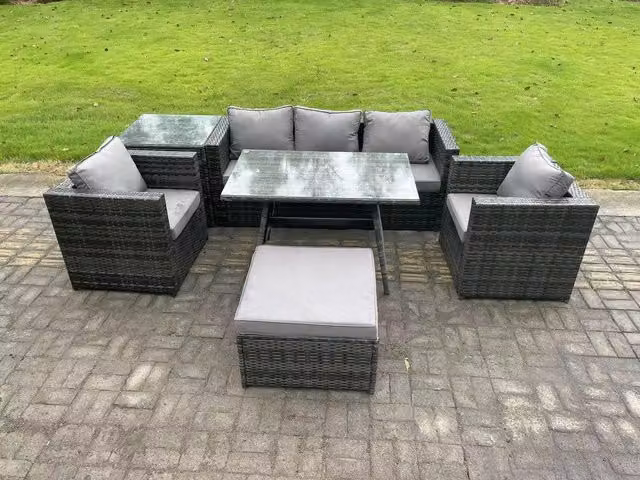 Fimous 6 Seater Wicker Rattan Outdoor Garden Dining Set in Dark Grey with Oblong Dining Table, Sofa, 2 Armchairs and Stool