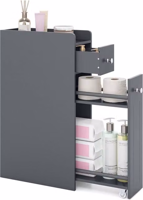 CASART Slim Wooden Bathroom Storage Cabinet with Drawers in Grey